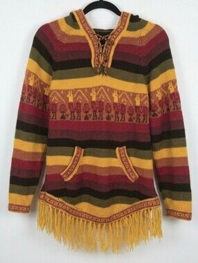 Boho Alpaca/Llama Knit Fringed Hoodie Tunic Sweater – Vintage